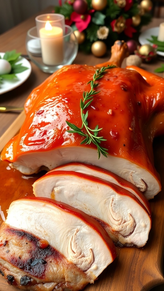 A roasted duck with orange glaze on a wooden platter, garnished with herbs, served on a festive table.